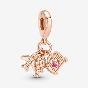 Pandora Airplane Globe & Suitcase Triple Baumeln Rosa Gold | FPVINB-902