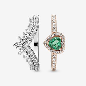 Pandora Green Princess Wishbone Stacking Ring-sets Mehrfarbig | MJAEUW-704