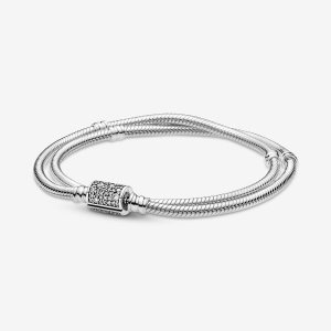 Pandora Moments Double Wrap Barrel Clasp Snake Kette Silber | NVGPQY-456