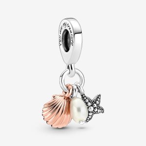 Pandora Treated Freshwater Cultured Pearl Starfish & Shell Triple Baumeln Two-tone | VZGBQS-324